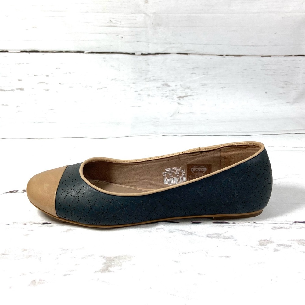 Fossil Womens Ballet Flats Black/Brown Leather Cap Toe Slip On Shoes Size‎ 7.5.